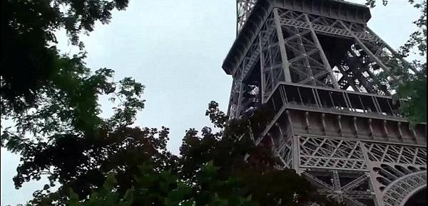  A cute girl is fucked by 2 guys with big dicks in public by Paris Eiffel Tower